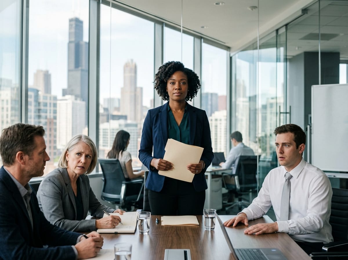 7 AM review betrayal — 7 AM review betrayal two-panel illustration showing a smirking supervisor across a dark conference table on the left, and an HR director handing a sealed envelope to a calm woman on the right
