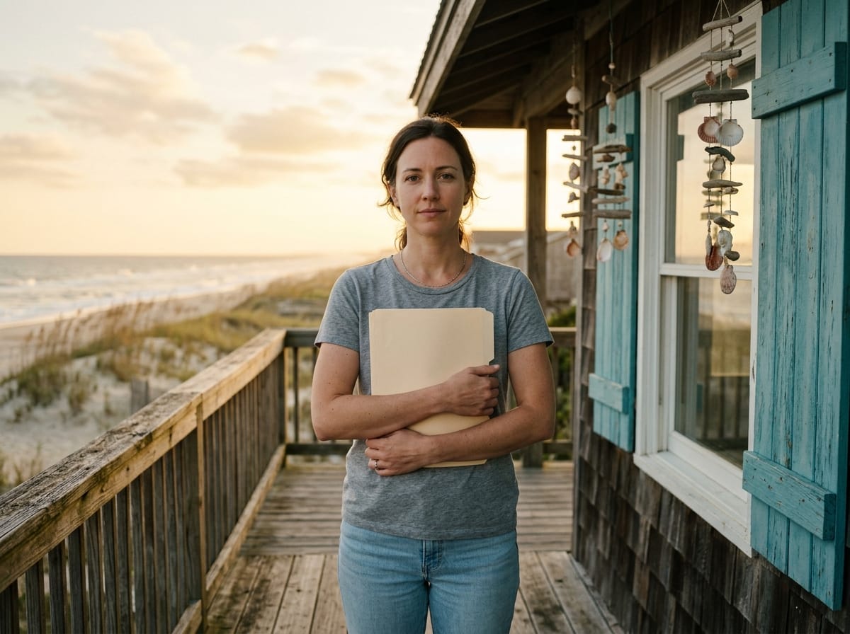 beach house betrayal — beach house betrayal two-panel image showing a weathered blue-shutter cottage on the left and a woman standing calmly outside with police on the right