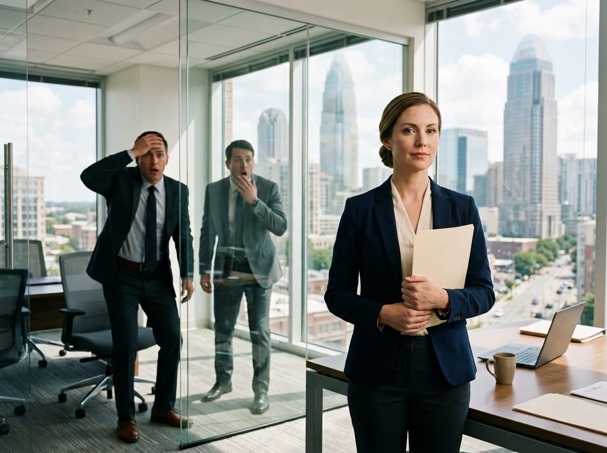 CEO wife fired demand — CEO wife fired demand - two-panel illustration showing a furious woman in a cream suit pointing at a calm woman at her desk, then a man in a navy suit staring at his phone with a pale face