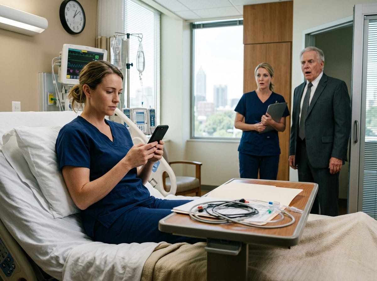 condo sold without consent — condo sold without consent — two-panel illustration showing a woman waking in a hospital bed holding a phone with 73 missed calls, then standing outside a courthouse in sunlight