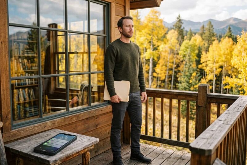 family betrayal — family betrayal two-panel image showing a man alone at Christmas then standing proudly in front of a mountain cabin in snow