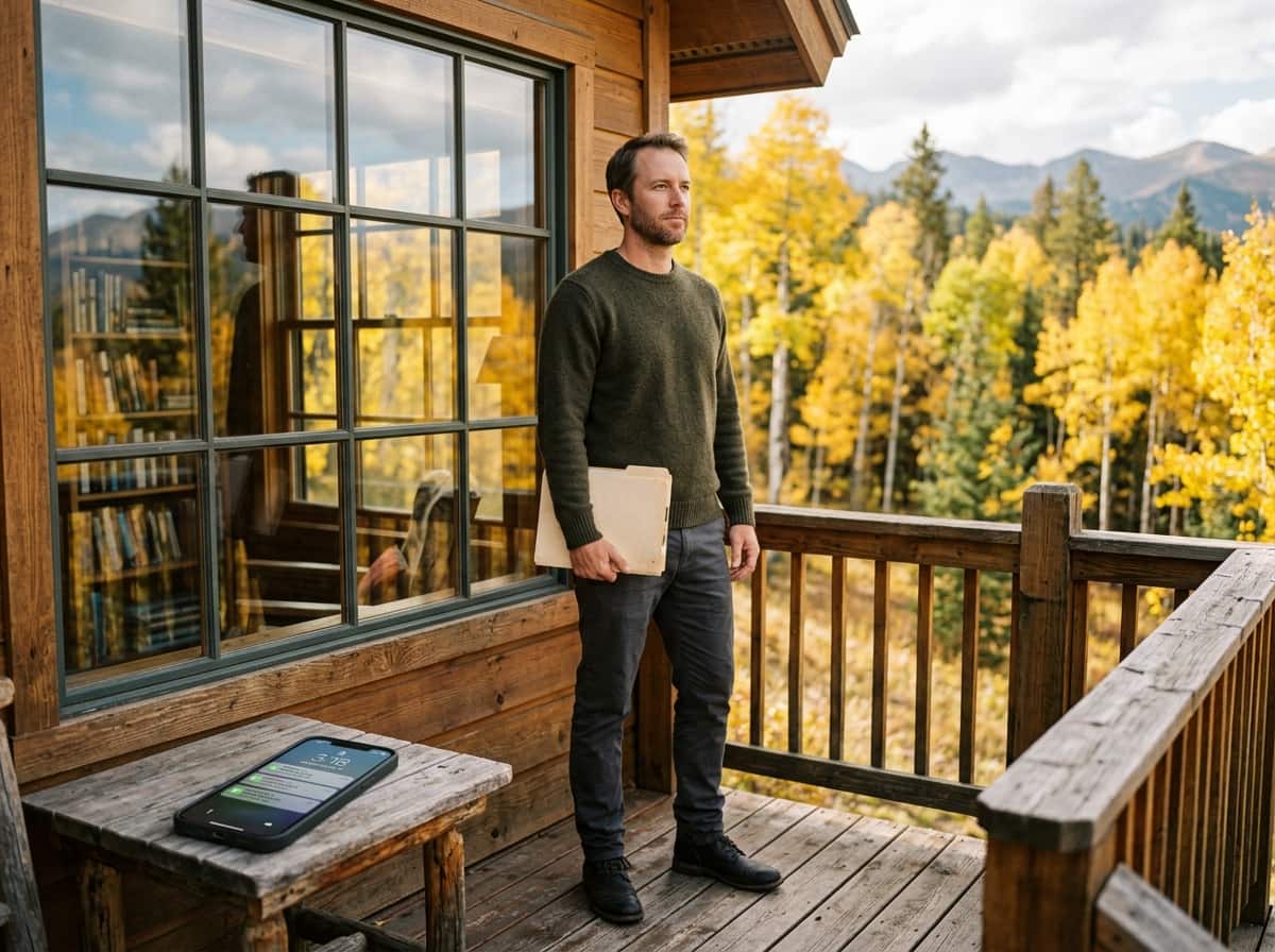 family betrayal — family betrayal two-panel image showing a man alone at Christmas then standing proudly in front of a mountain cabin in snow