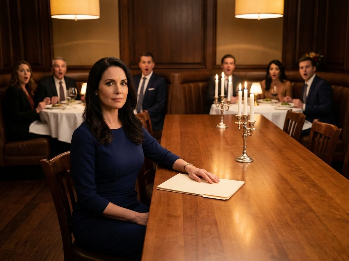 family betrayal dinner — family betrayal dinner two-panel scene showing empty place setting at luxury table left and woman standing confidently with restaurant owner right