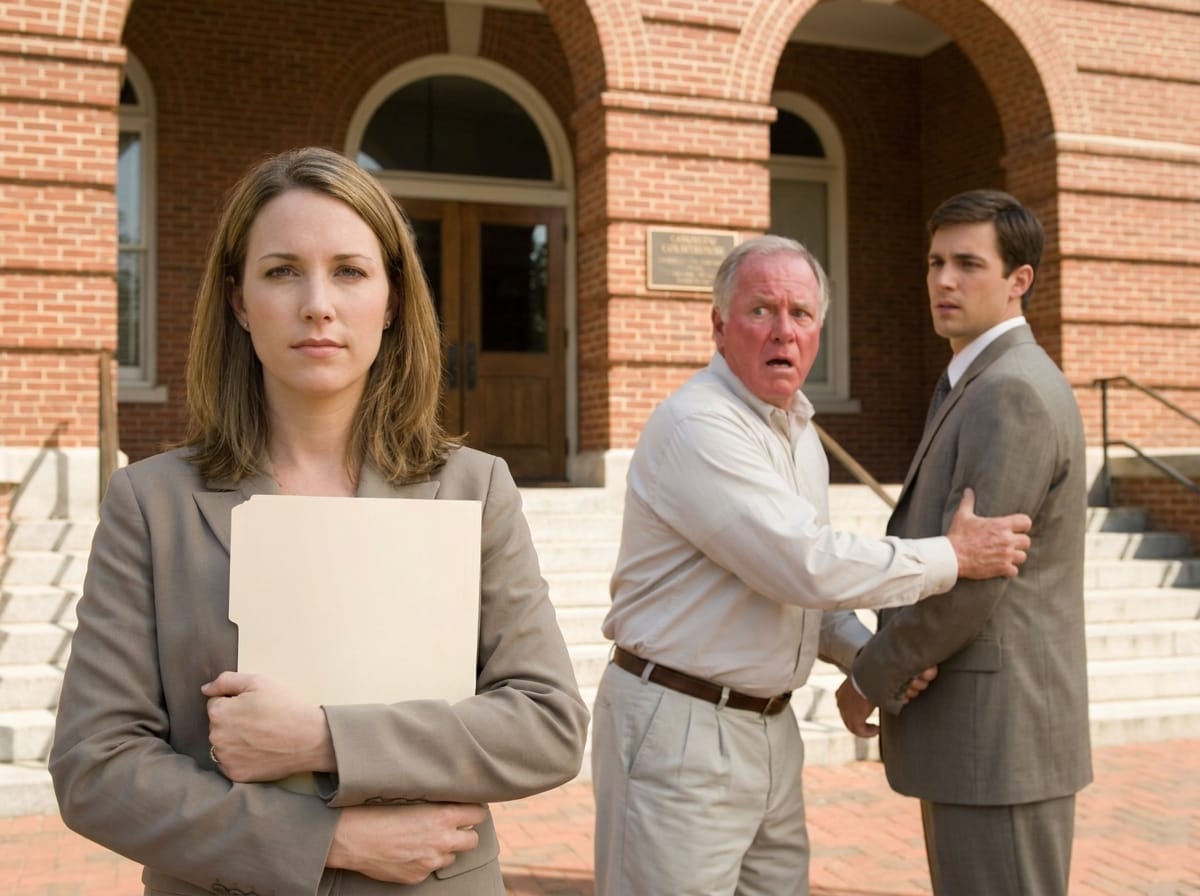 family home betrayal — family home betrayal two-panel image showing a woman arriving at her own home to find strangers photographing her property, then a property lawyer presenting deed documents at a backyard BBQ