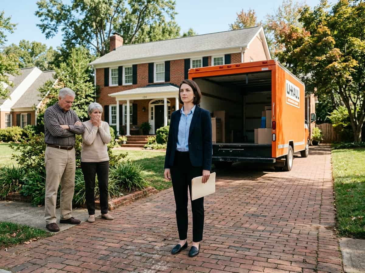 family home takeover — family home takeover two-panel image showing a woman standing firm at her front door on the left and a U-Haul truck being reloaded in a driveway on the right