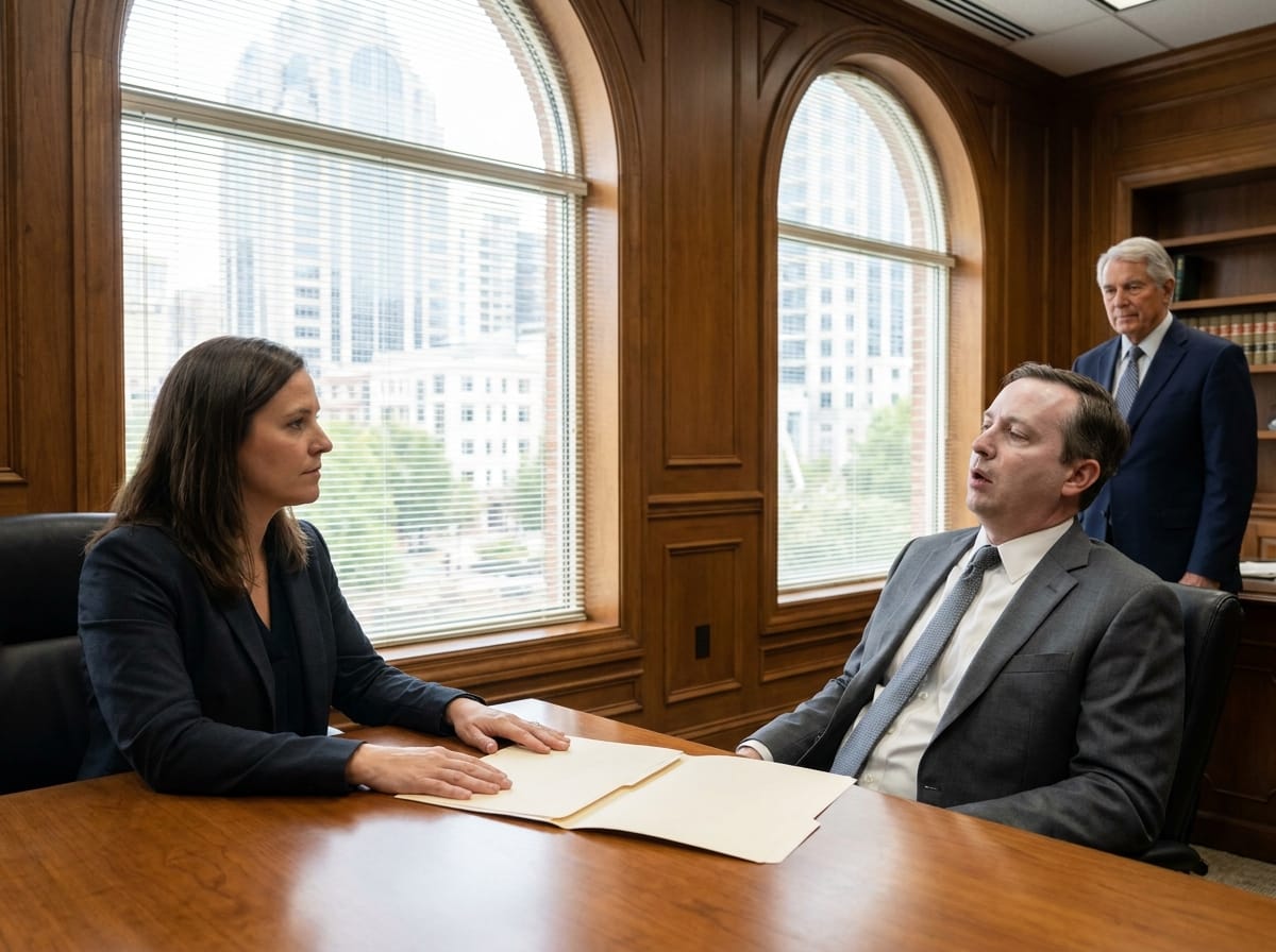 family inheritance betrayal — family inheritance betrayal two-panel illustration showing a man confidently signing papers at a desk then sitting stunned in a lawyer's office as a woman stands calm beside her attorney