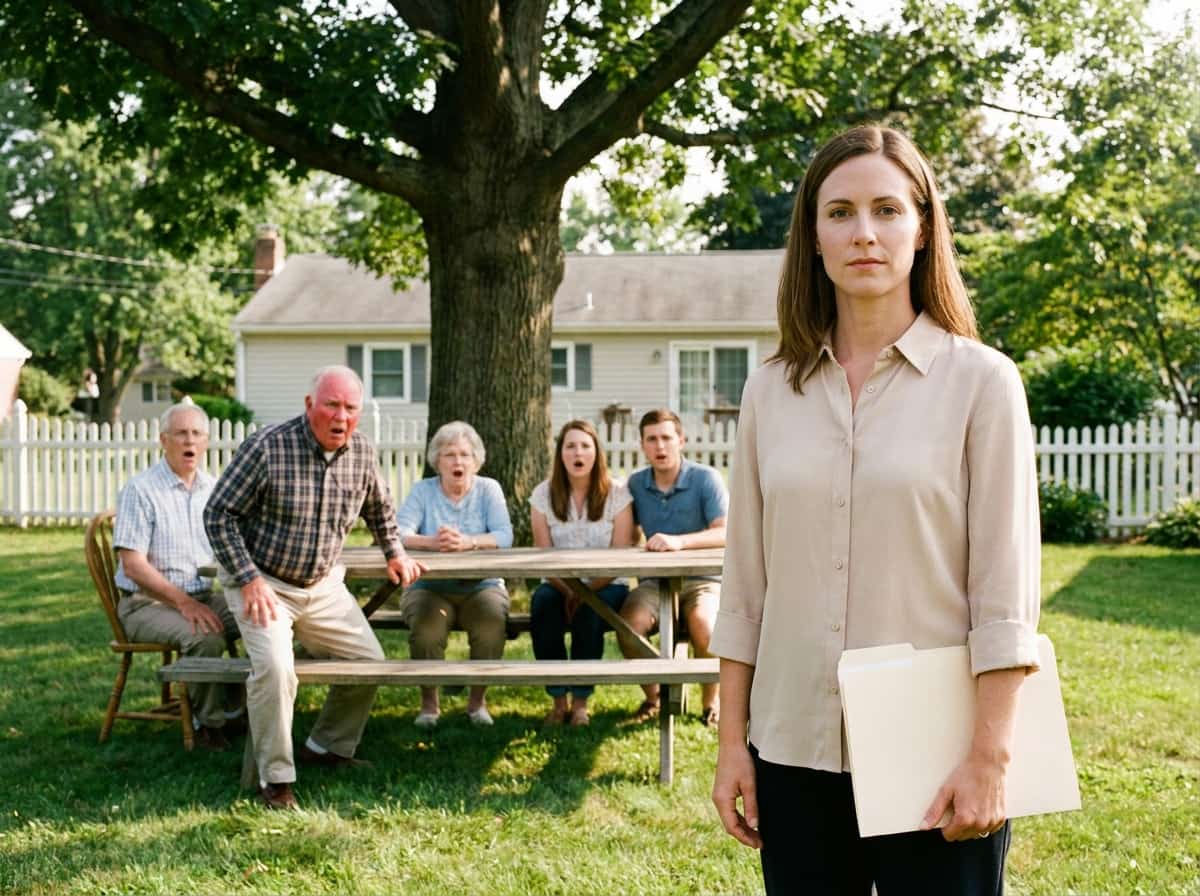 Father's Day disgrace — Father's Day disgrace two-panel image showing a woman calmly handing an envelope to a man at a backyard party, then the man reading it alone with a stunned expression
