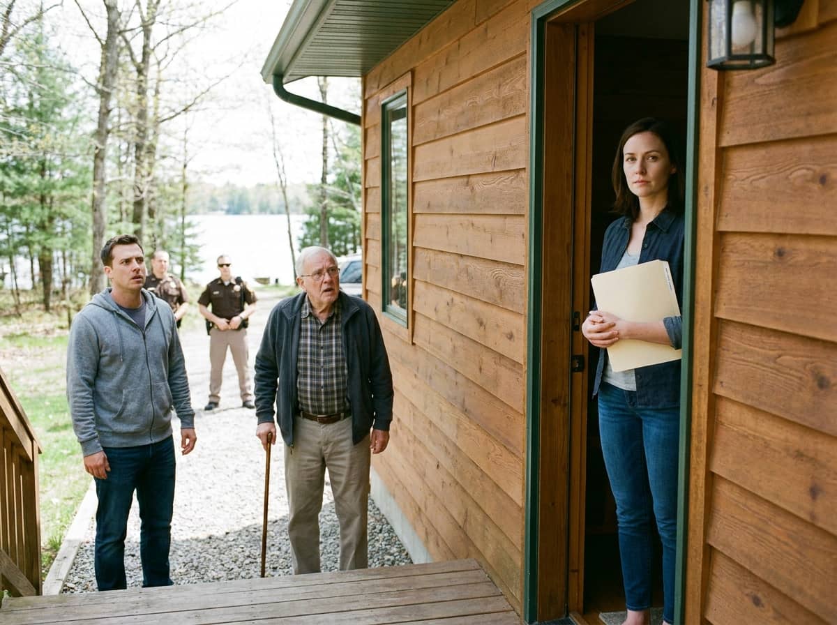 lake house takeover — lake house takeover two-panel image showing a woman alone on a peaceful dock at sunset on the left, and two police officers standing at a locked front door at dawn on the right