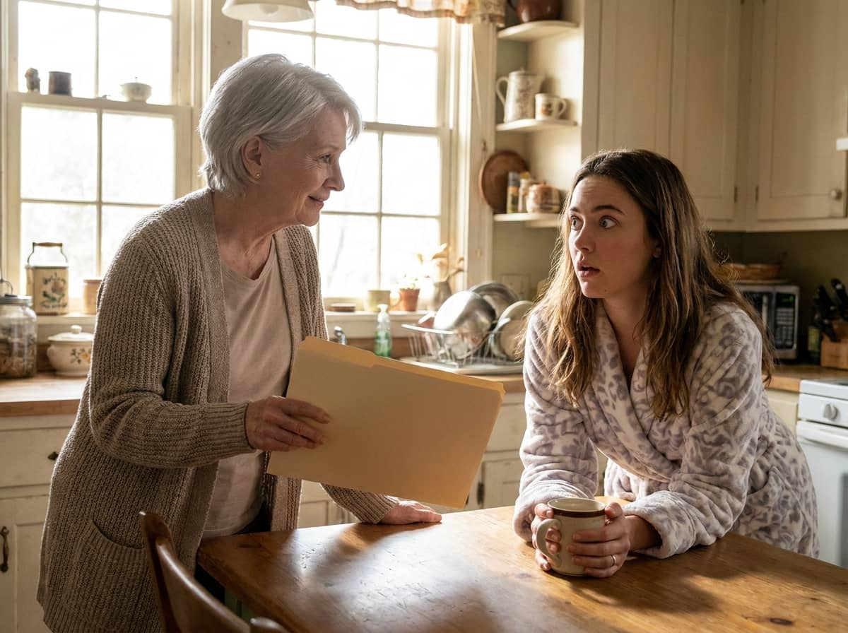 Maine cottage betrayal — Maine cottage betrayal two-panel image showing a snow-covered coastal cottage at night and a woman sitting calmly at a kitchen table with legal documents the next morning