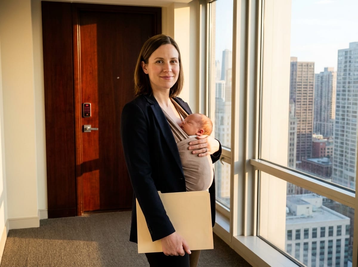 newborn betrayal — newborn betrayal two-panel image showing a woman with a baby locked out of a condo door on the left, and a sold sign on a high-rise building on the right