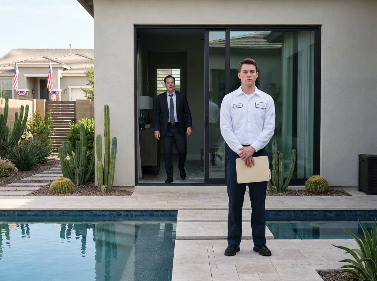 pool cleaner betrayal — pool cleaner betrayal — two-panel image: left panel shows a man standing at pool edge holding a test kit at dawn, right panel shows a woman in a white robe walking away from a stone mansion