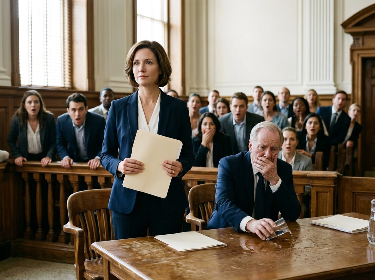 Raven-12 betrayal — Raven-12 betrayal two-panel courtroom scene showing daughter calm at table while father collapses behind her