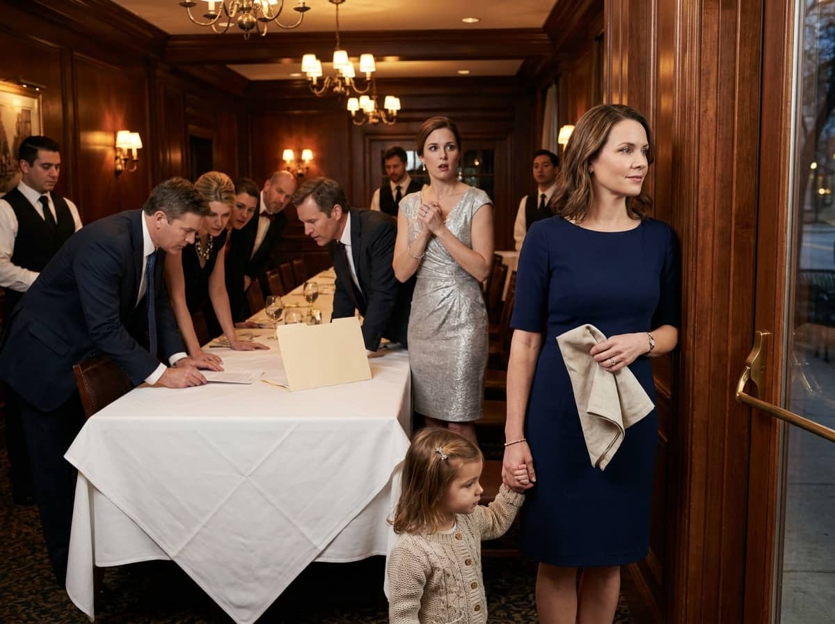 retirement dinner betrayal — retirement dinner betrayal — two-panel image showing a woman walking out of an elegant banquet hall on the left, and a stunned family frozen at a dinner table on the right as a manager presents a bill