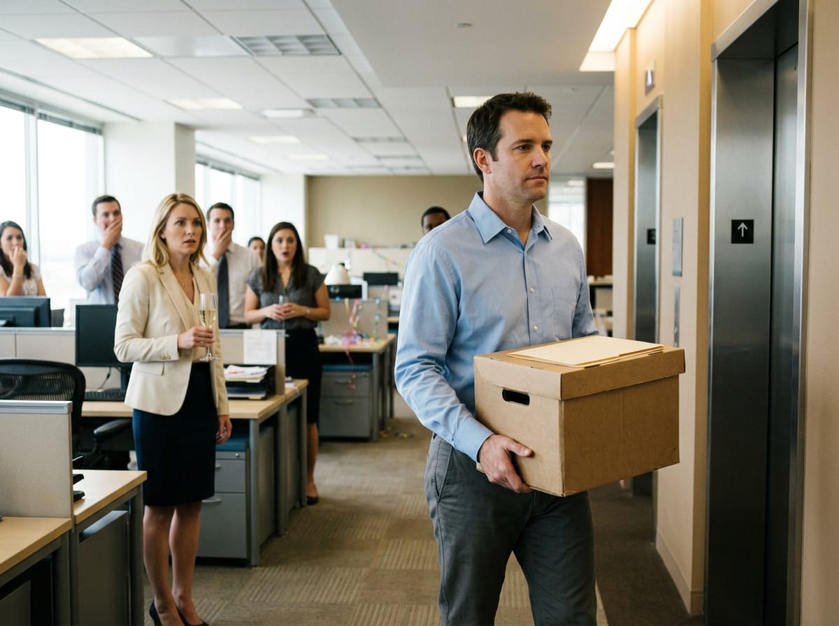 sales betrayal — sales betrayal two-panel image showing a man carrying a cardboard box past a celebration cake on the left, and a boardroom with empty chairs and legal documents on the right