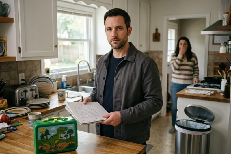 son's lunchbox betrayal — son's lunchbox betrayal — two-panel image showing a packed lunchbox on a kitchen counter on the left, and a man frozen in a garage doorway on the right, face pale with shock