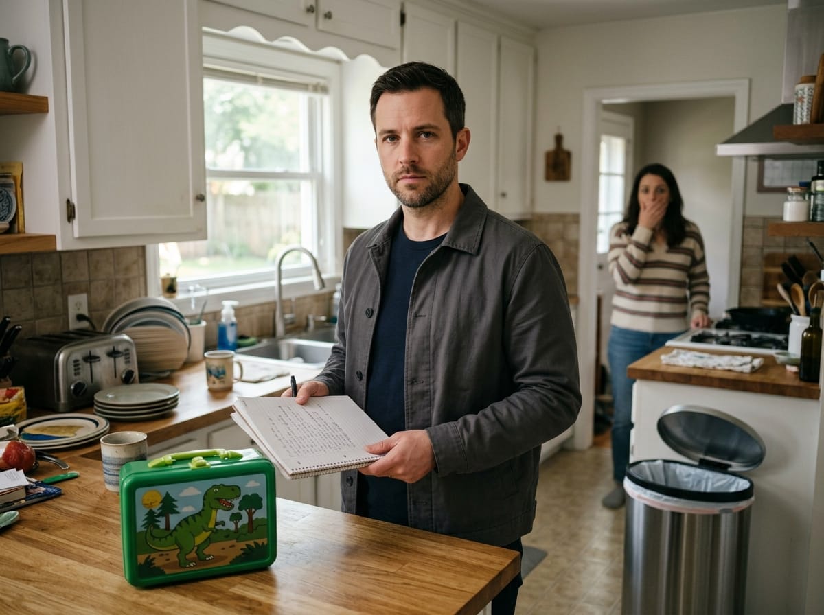 son's lunchbox betrayal — son's lunchbox betrayal — two-panel image showing a packed lunchbox on a kitchen counter on the left, and a man frozen in a garage doorway on the right, face pale with shock