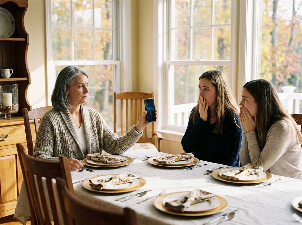 sunday dinner betrayal — sunday dinner betrayal two-panel illustration showing a woman sitting alone at a dining table with an empty pill bottle on the left, and on the right her father and stepmother looking pale as she holds up her phone