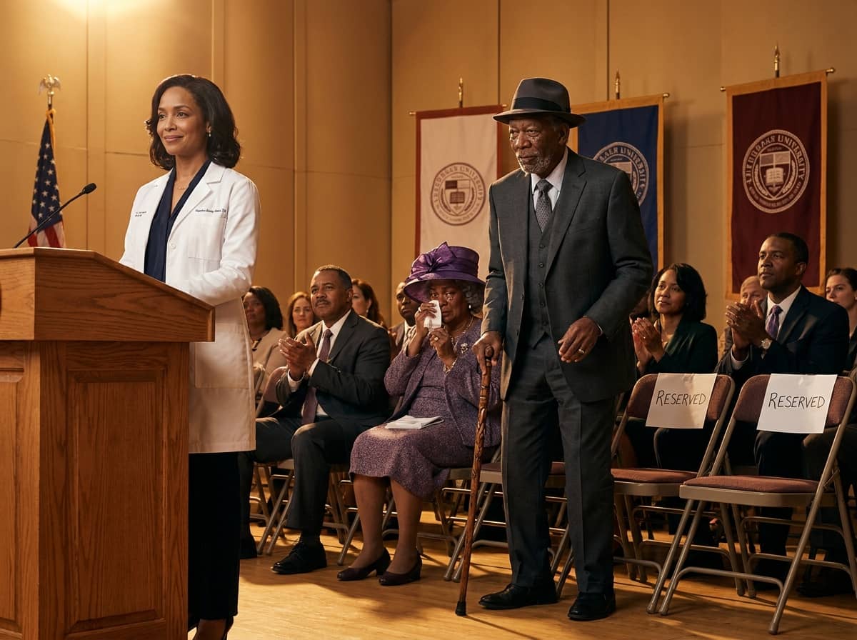 white coat ceremony betrayal — white coat ceremony betrayal — two-panel image showing empty reserved seats on the left and a tearful mentor couple receiving a live TV award on the right