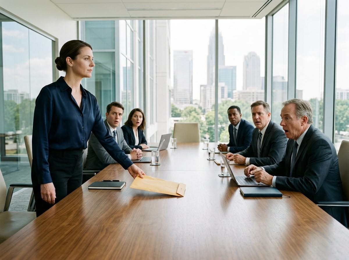 workplace betrayal — workplace betrayal two-panel illustration showing a woman placing a resignation letter on a boardroom table while a founder gestures toward a stunned executive